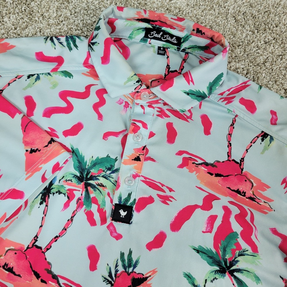 Bad Birdie Mens Small Multicolor AOP Floral Beach Life Performance Stretch Polo